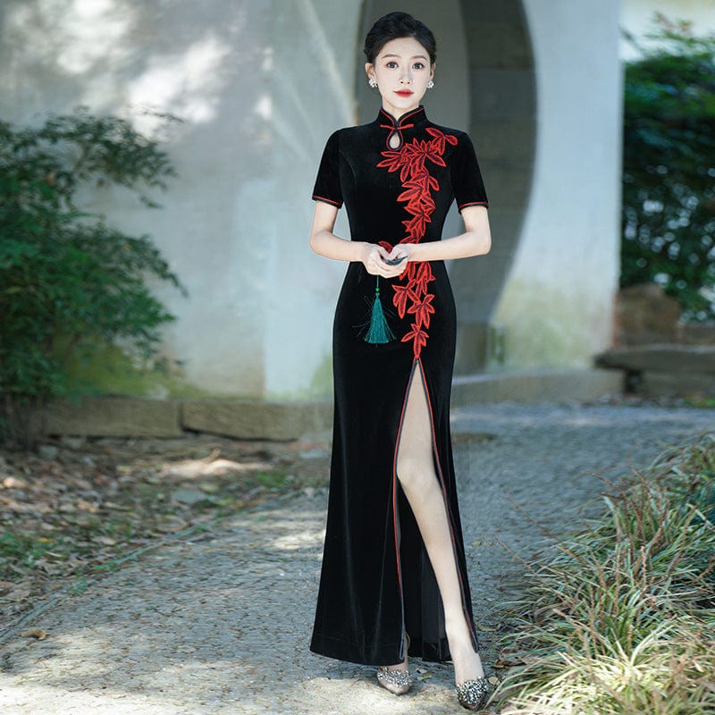 Beth and Brian Qipao-LMO Plus size, leaf embroidery, water-drop collar prom long Qipao