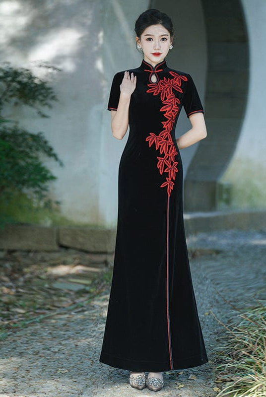Beth and Brian Qipao-LMO Plus size, leaf embroidery, water-drop collar prom long Qipao
