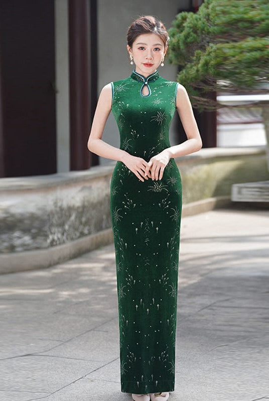 Beth and Brian Qipao-LMO Sleeveless, water-drop collar, velvet long Cheongsam