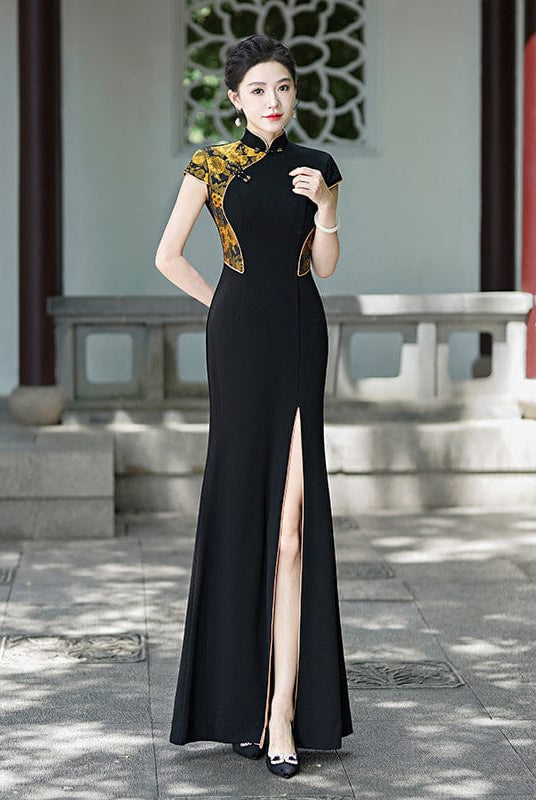 Beth and Brian Qipao-LMO Floral pattern, Chinese prom long Cheongsam with cap sleeves