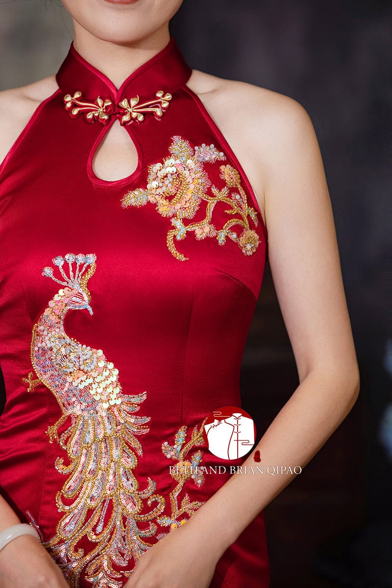 Beth and Brian Qipao - YB Exclusive designer collection, peacock embroidery, halter long Qipao