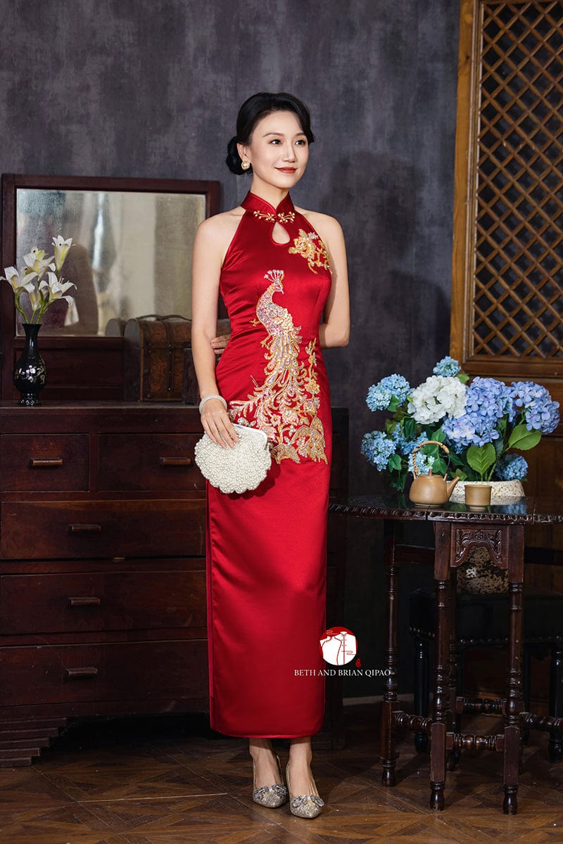 Beth and Brian Qipao - YB Exclusive designer collection, peacock embroidery, halter long Qipao