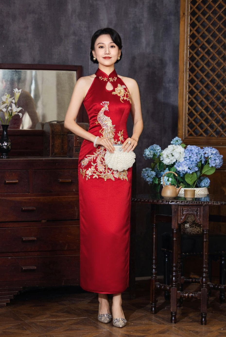 Beth and Brian Qipao - YB Exclusive designer collection, peacock embroidery, halter long Qipao