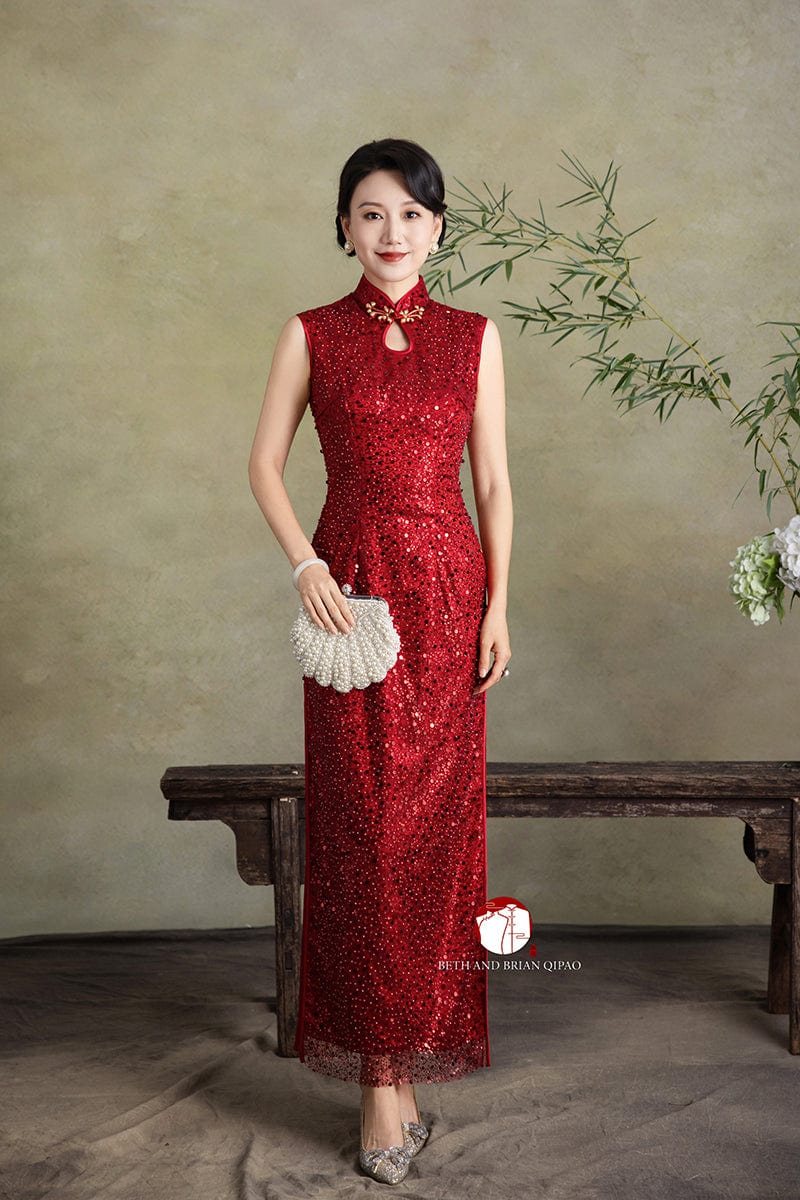 Beth and Brian Qipao - YB Exclusive designer collection, sequins red long Qipao