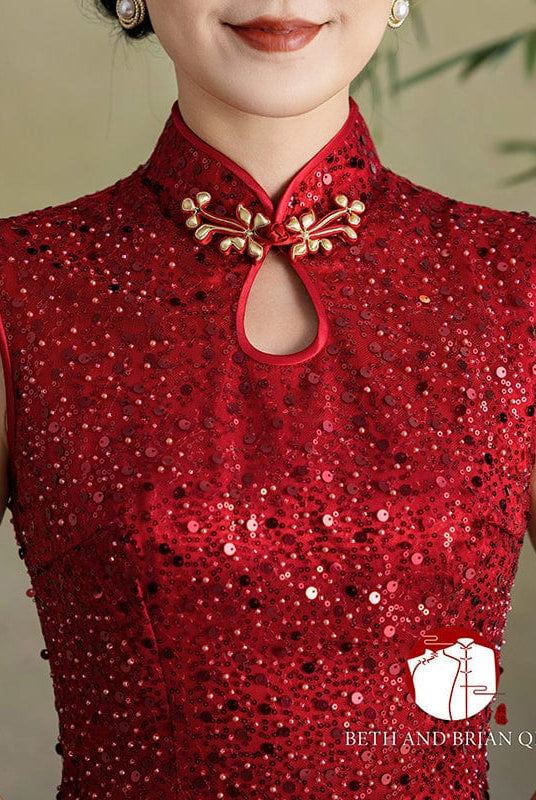 Beth and Brian Qipao - YB Exclusive designer collection, sequins red long Qipao