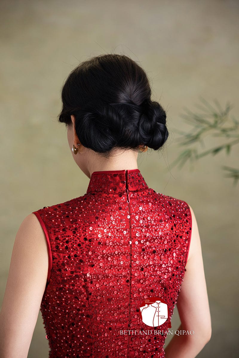 Beth and Brian Qipao - YB Exclusive designer collection, sequins red long Qipao