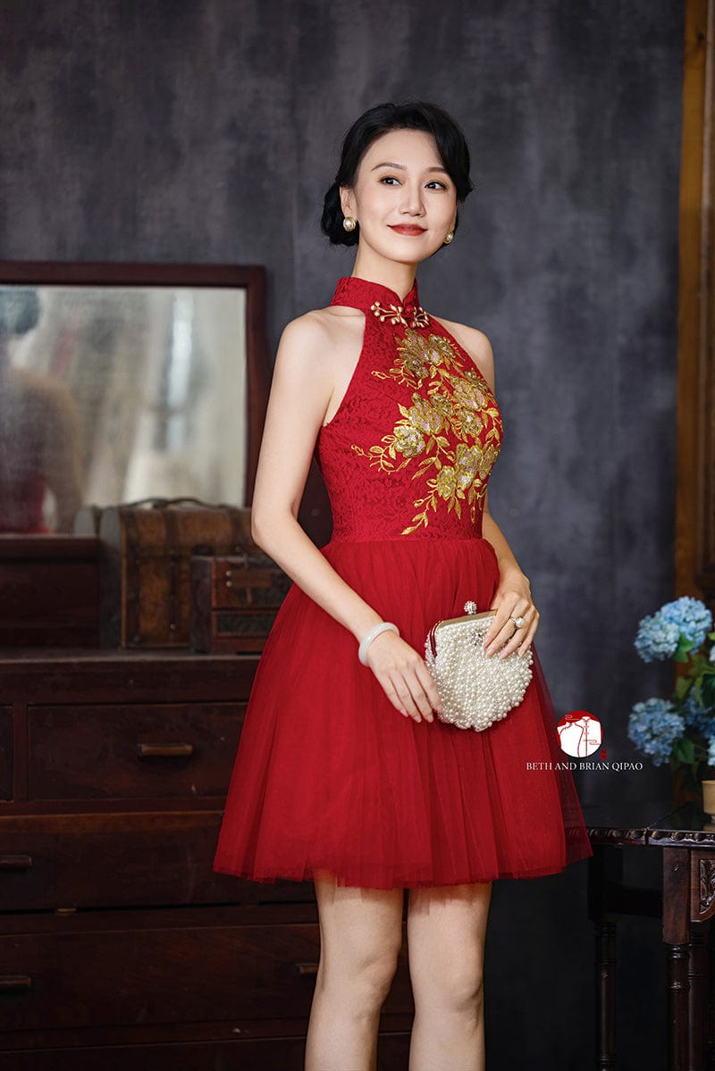Beth and Brian Qipao - Exclusive Exclusive designer collection, gold floral embroidery short Qipao