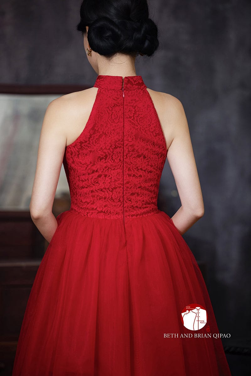 Beth and Brian Qipao - Exclusive Exclusive designer collection, gold floral embroidery short Qipao