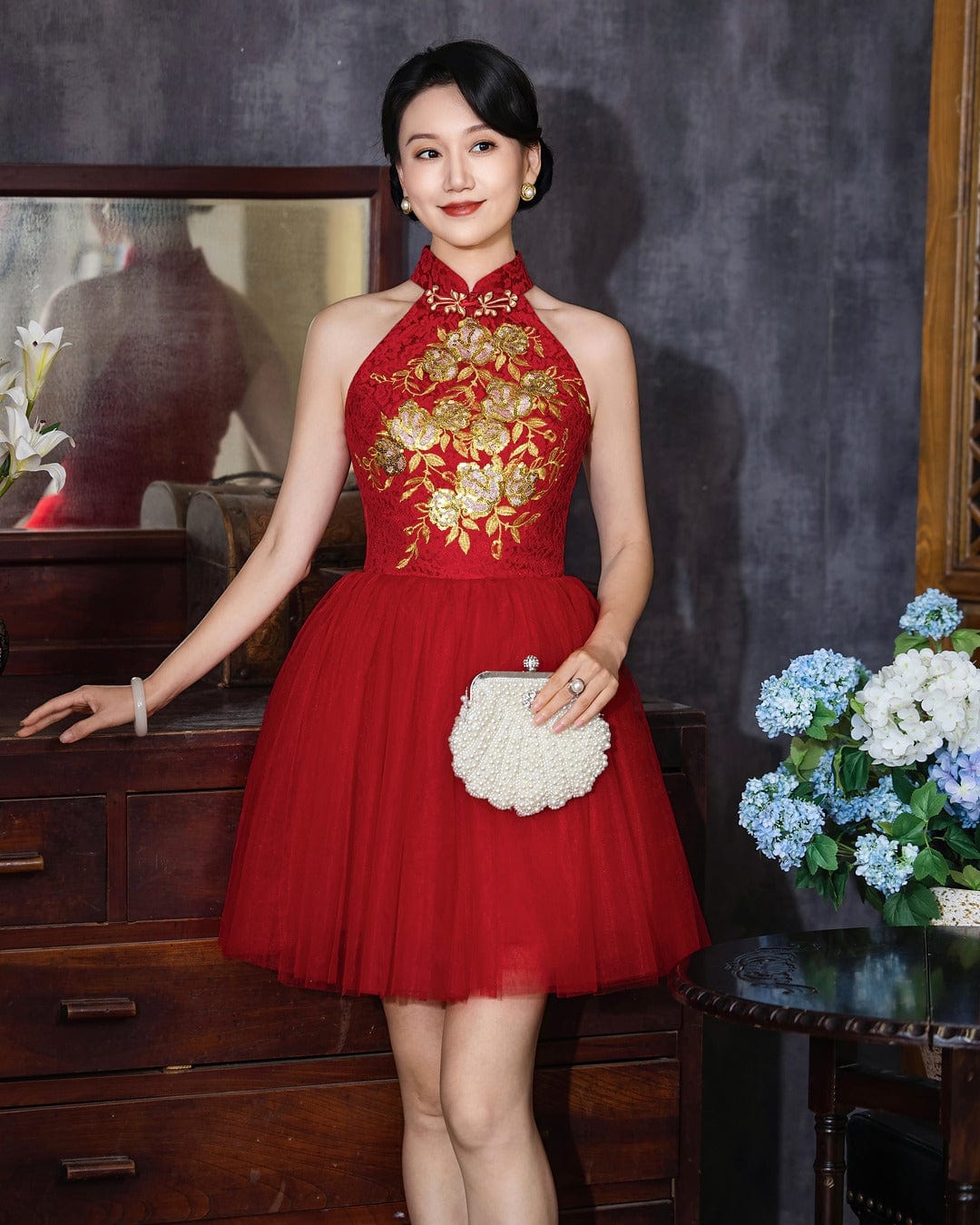 Beth and Brian Qipao - Exclusive Exclusive designer collection, gold floral embroidery short Qipao