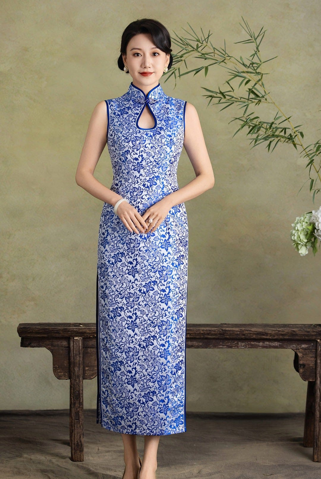 Beth and Brian Qipao-Exclusivedesigner Exclusive designer collection, blue and white porcelain long Qipao