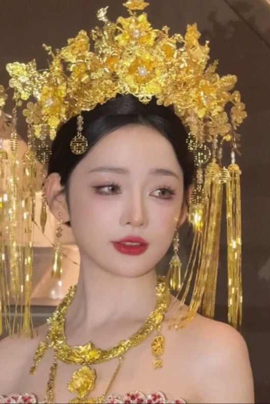 Beth and Brian Qipao-XFYJ Gold Luxury Floral Double Happiness Phoenix Crown & Earrings