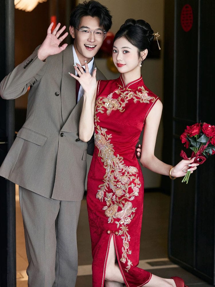 Beth and Brian Qipao-GR Sleeveless, floral embroidery, wedding red midi Cheongsam
