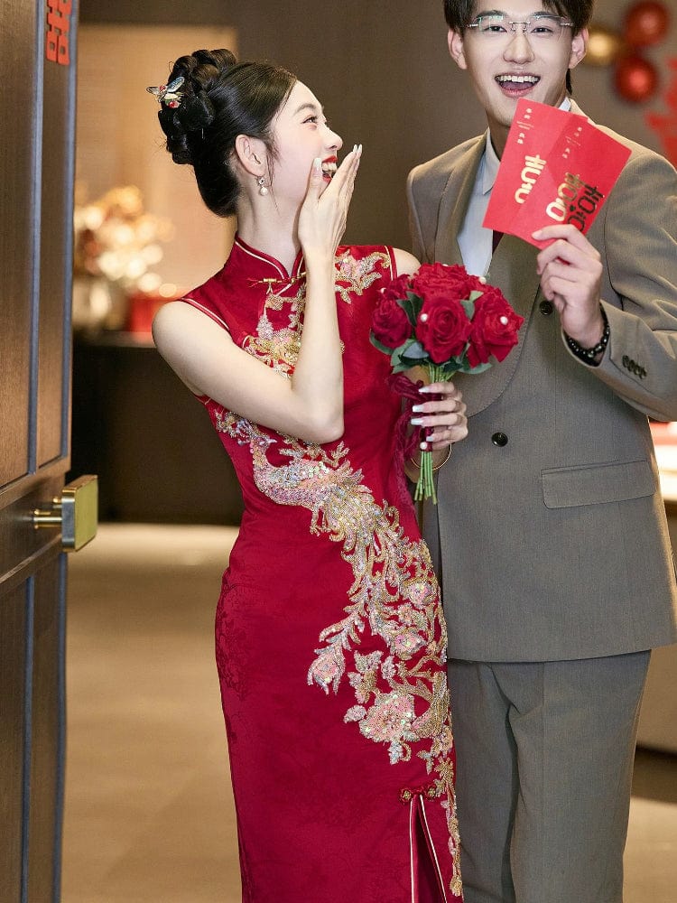 Beth and Brian Qipao-GR Sleeveless, floral embroidery, wedding red midi Cheongsam