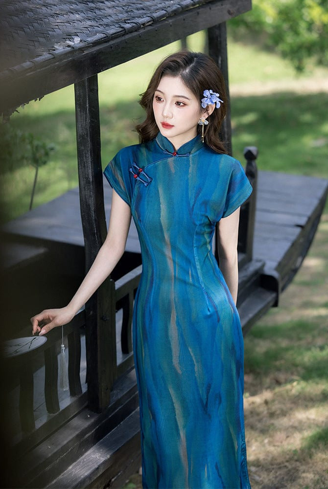 Beth and Brian Qipao-LSB Summer collection, mesh fabric, daily blue long Cheongsam