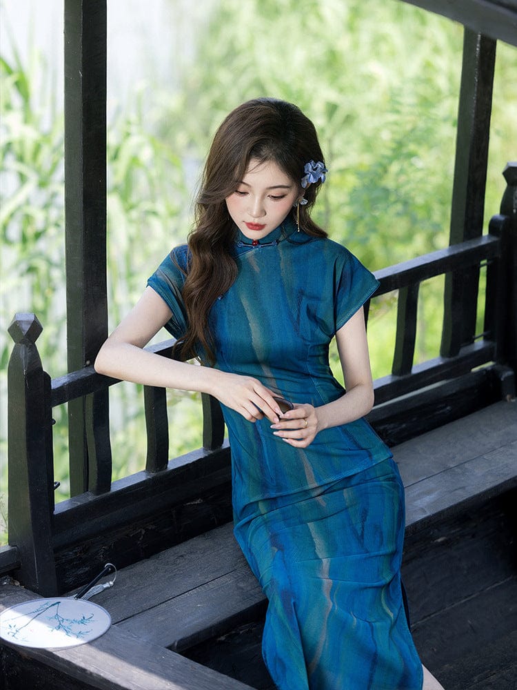 Beth and Brian Qipao-LSB Summer collection, mesh fabric, daily blue long Cheongsam