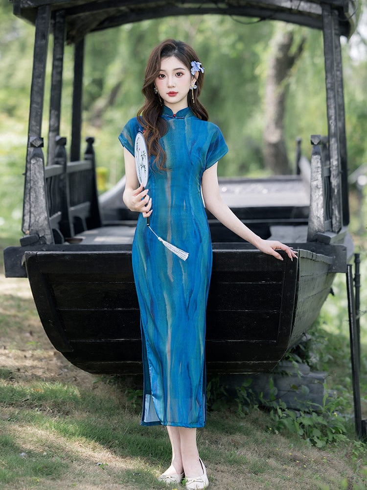Beth and Brian Qipao-LSB Summer collection, mesh fabric, daily blue long Cheongsam