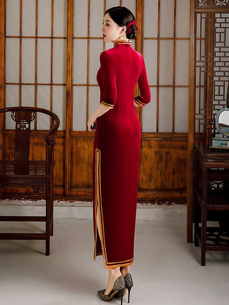 Beth and Brian Qipao-GSJ Chinese classic style, velvet fabric, red long Cheongsam