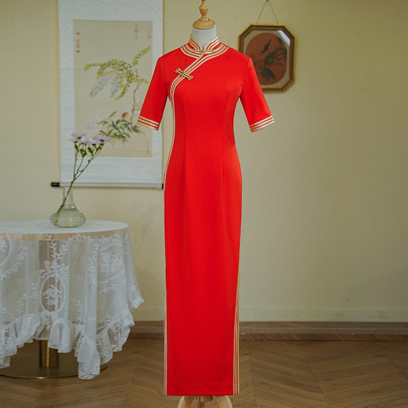 Beth and Brian Qipao-YD Plus size long Cheongsam for mothers with elbow sleeves