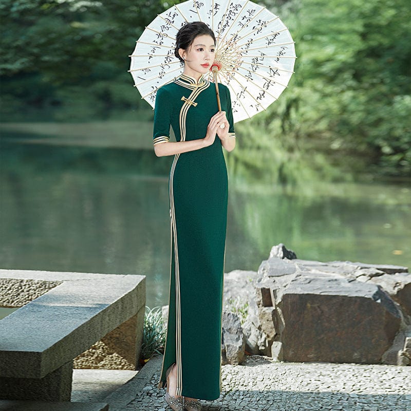 Beth and Brian Qipao-YD Plus size long Cheongsam for mothers with elbow sleeves