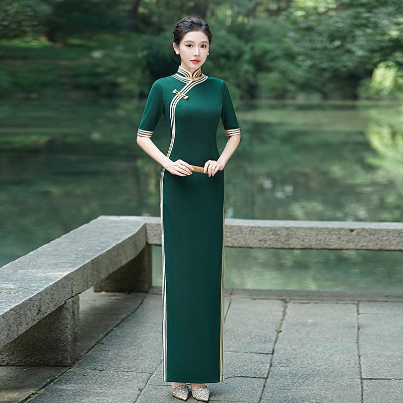 Beth and Brian Qipao-YD Plus size long Cheongsam for mothers with elbow sleeves