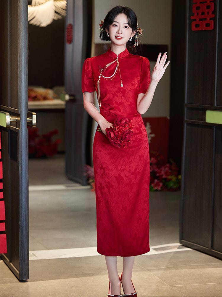 Beth and Brian Qipao-LSB Floral pattern, acetate jacquard fabric, midi Cheongsam