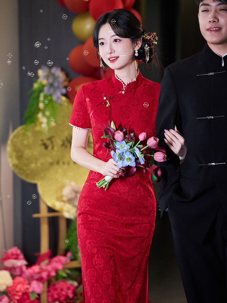 Beth and Brian Qipao-LSB Floral pattern, wedding lace mid-length Cheongsam