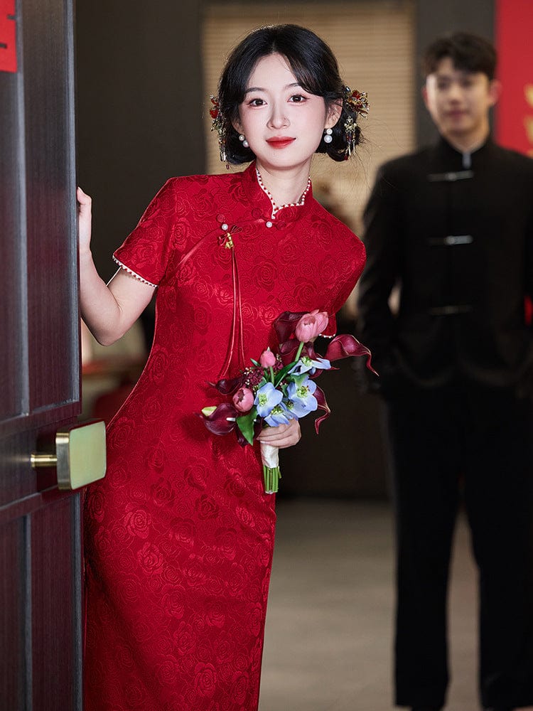 Beth and Brian Qipao-LSB Floral pattern, wedding lace mid-length Cheongsam