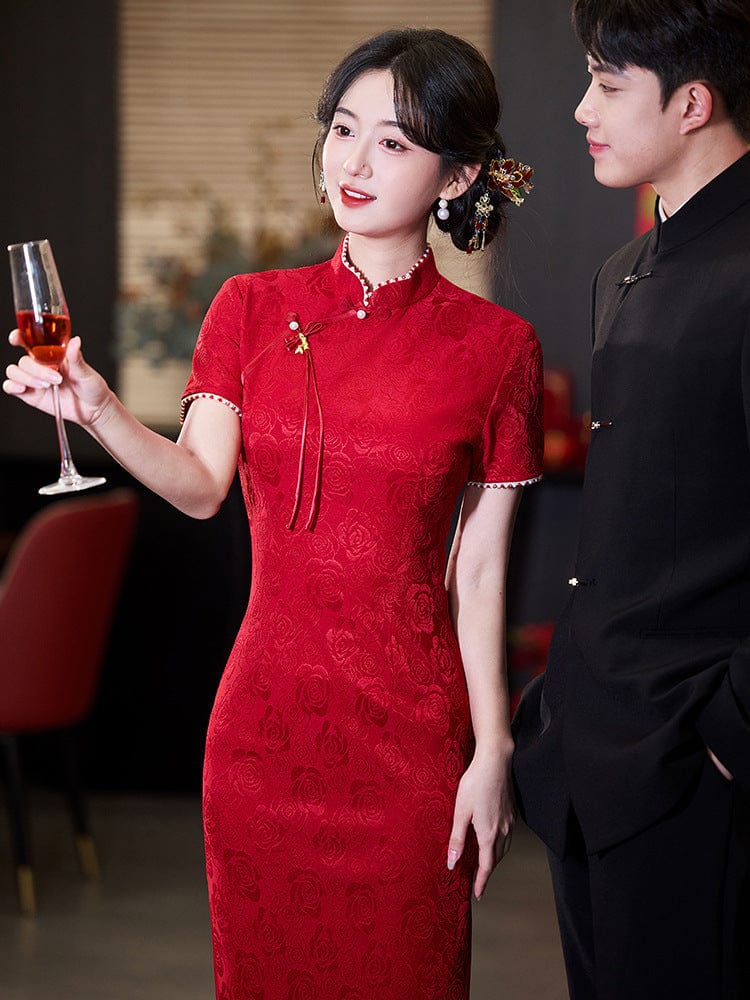 Beth and Brian Qipao-LSB Floral pattern, wedding lace mid-length Cheongsam