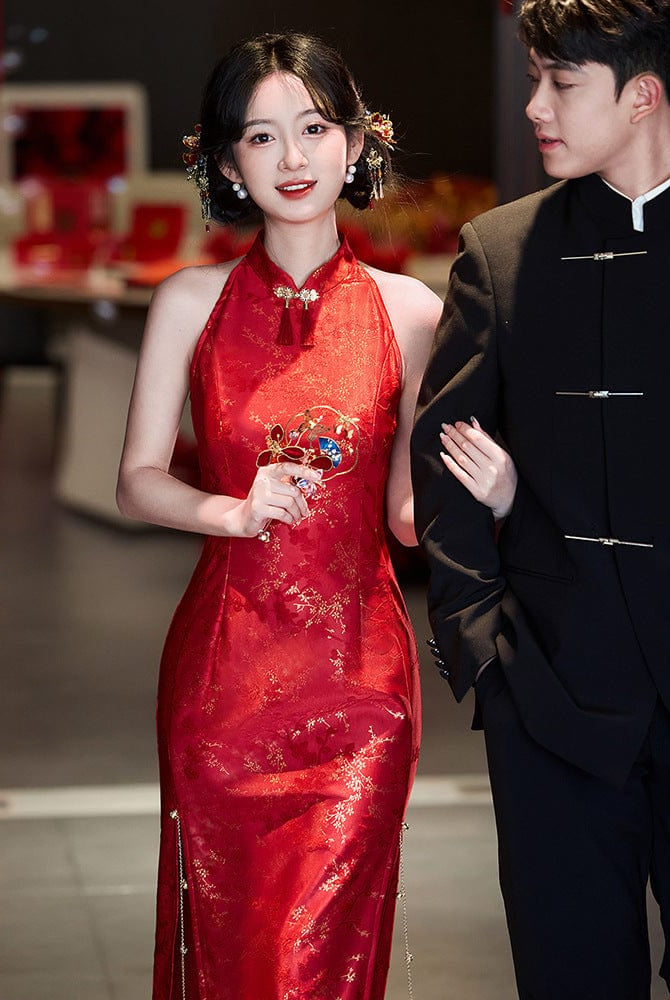 Beth and Brian Qipao-LSB New Chinese style (新中式), halter red midi Cheongsam
