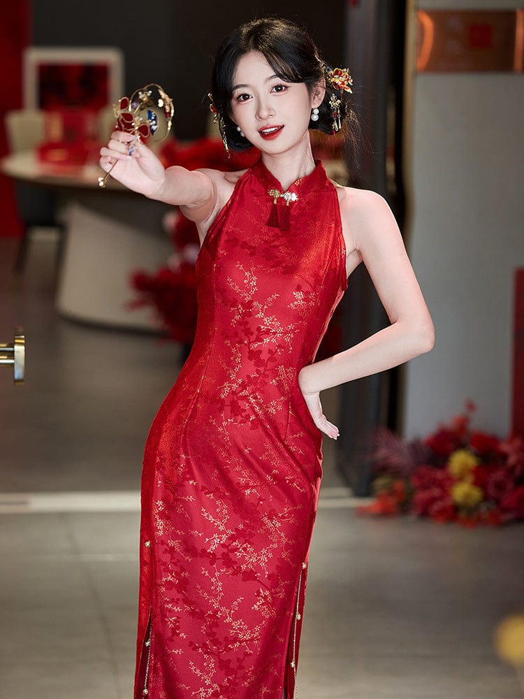 Beth and Brian Qipao-LSB New Chinese style (新中式), halter red midi Cheongsam