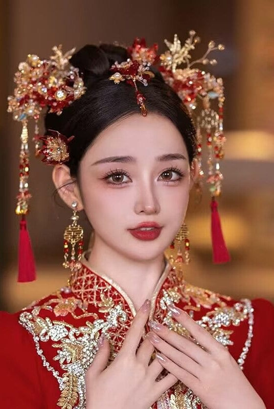 Beth and Brian Qipao-YQN Gold and Red Xiuhe Bridal Hair Accessories, Tassel Chinese bridal hair Accessories Set