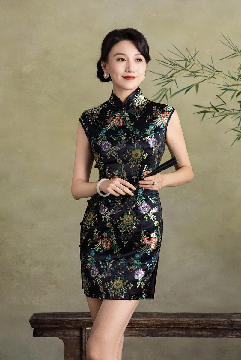 Beth and Brian Qipao-Exclusivedesigner Exclusive designer collection, floral short black Qipao