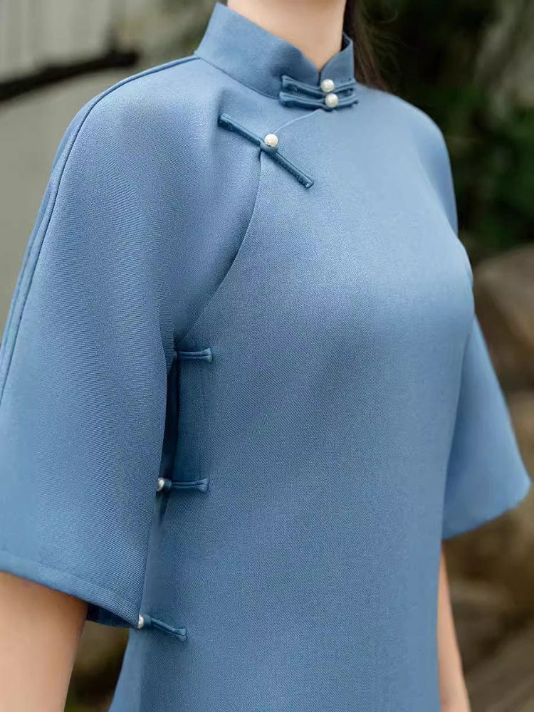 Beth and Brian Qipao-XD Old Shanghai style, plain pattern, blue long Cheongsam