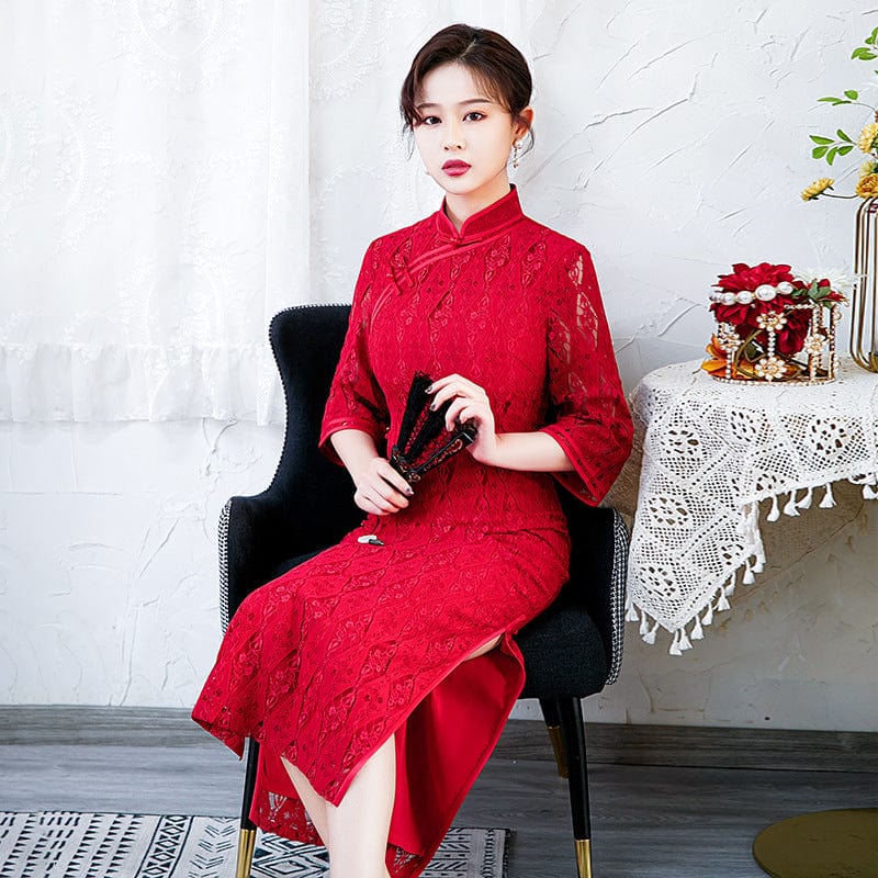 Beth and Brian Qipao-BZY Lace fabric, floral red long Cheongsam