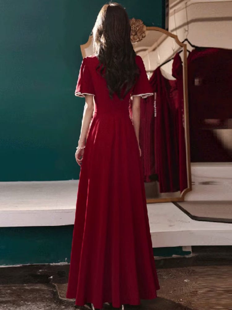 Beth and Brian Qipao-YCS Floral embroidery, butterfly mesh fabric, full length red Qipao