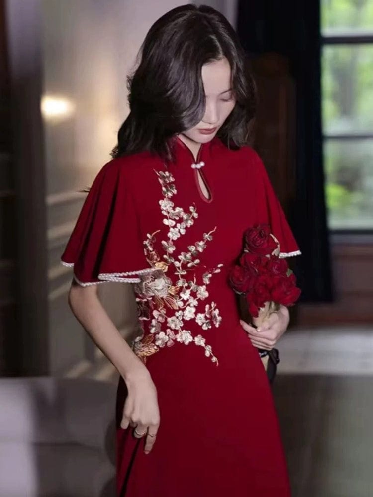 Beth and Brian Qipao-YCS Floral embroidery, butterfly mesh fabric, full length red Qipao