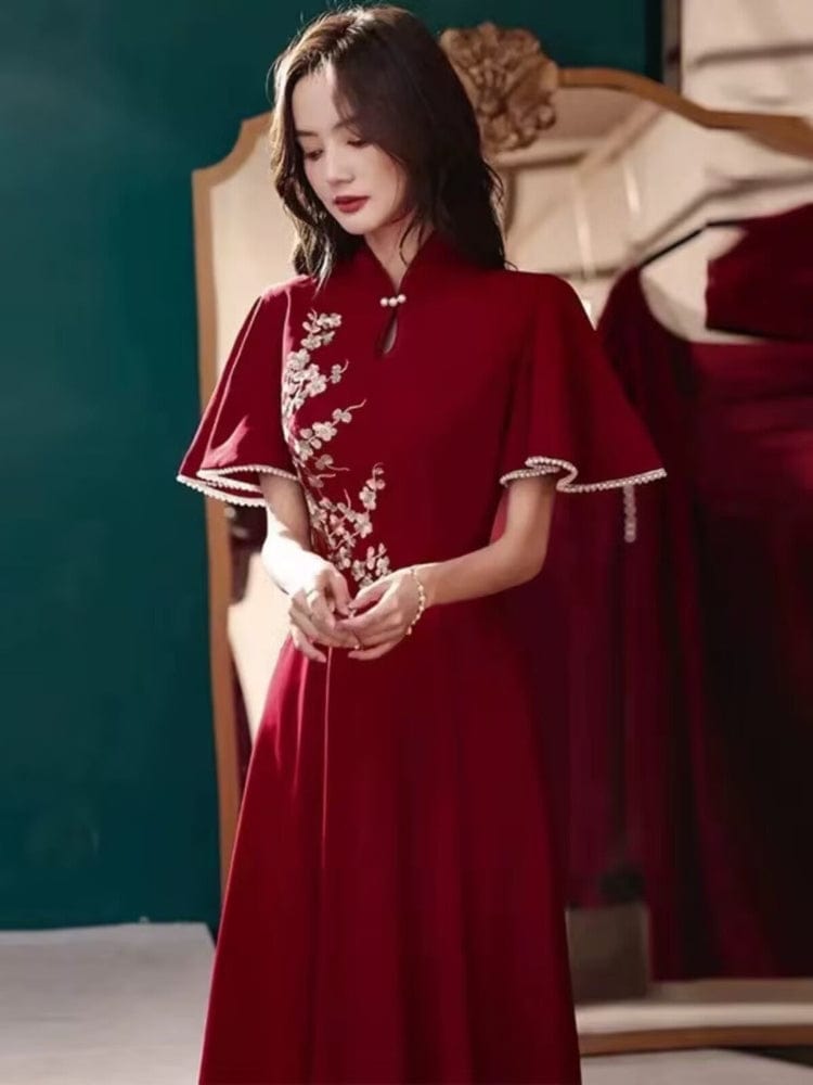 Beth and Brian Qipao-YCS Floral embroidery, butterfly mesh fabric, full length red Qipao