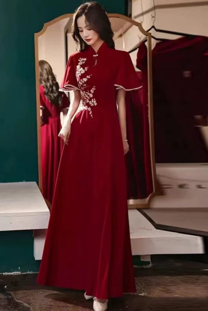 Beth and Brian Qipao-YCS Floral embroidery, butterfly mesh fabric, full length red Qipao