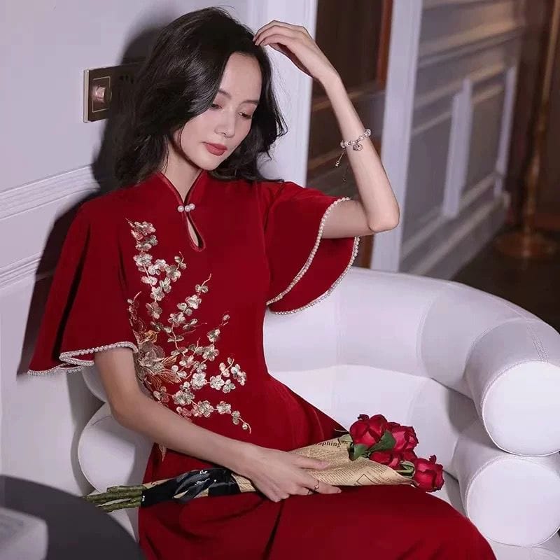 Beth and Brian Qipao-YCS Floral embroidery, butterfly mesh fabric, full length red Qipao