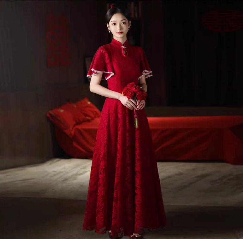 Beth and Brian Qipao-FD Floral pattern, lace mid-length&long A-line Cheongsam