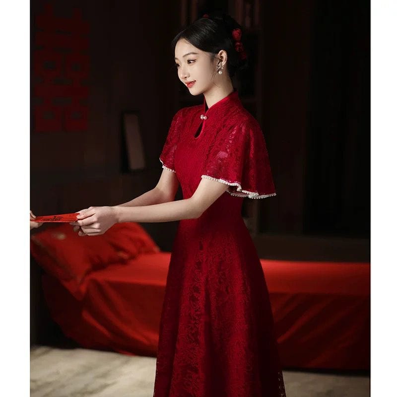 Beth and Brian Qipao-FD Floral pattern, lace mid-length&long A-line Cheongsam