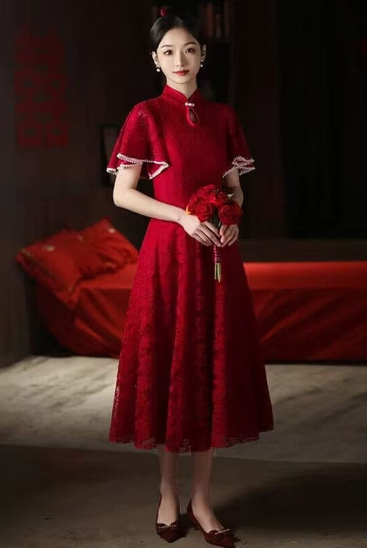Beth and Brian Qipao-FD Floral pattern, lace mid-length&long A-line Cheongsam