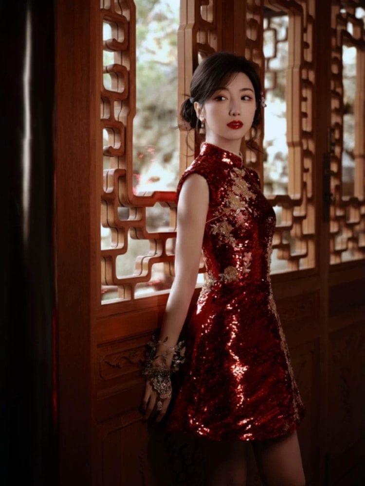 Beth and Brian Qipao-YYFF Floral embroidery, Chinese Sequins prom short Cheongsam