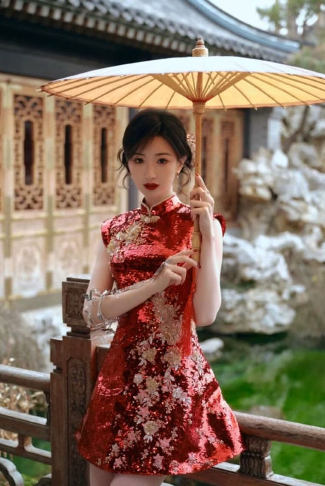 Beth and Brian Qipao-YYFF Floral embroidery, Chinese Sequins prom short Cheongsam