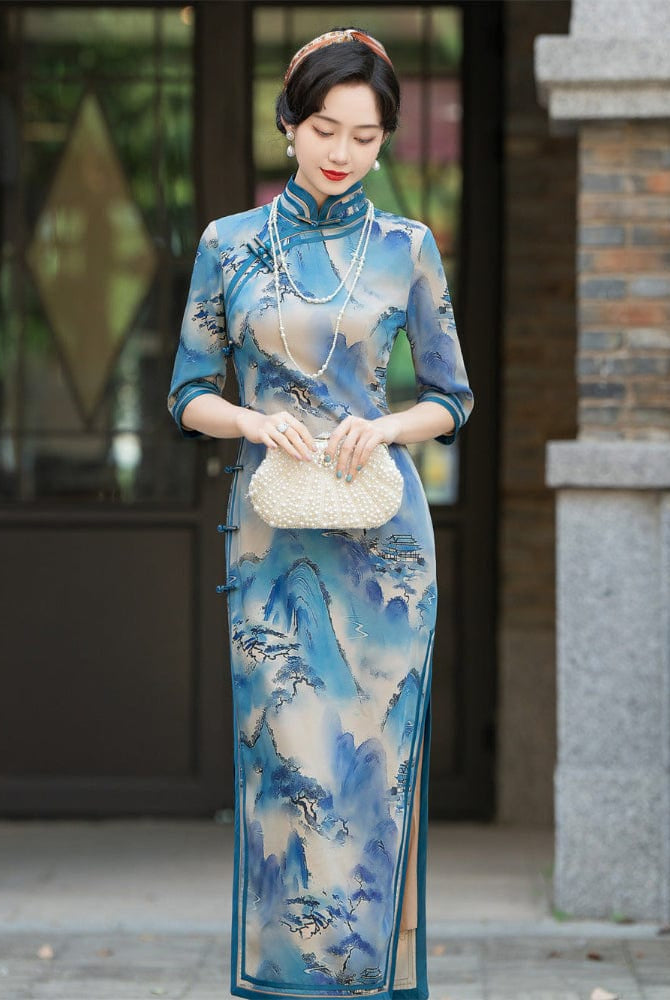 Beth and Brian Qipao-HQ Thousand Miles of Mountains and Rivers pattern, plus size long Cheongsam