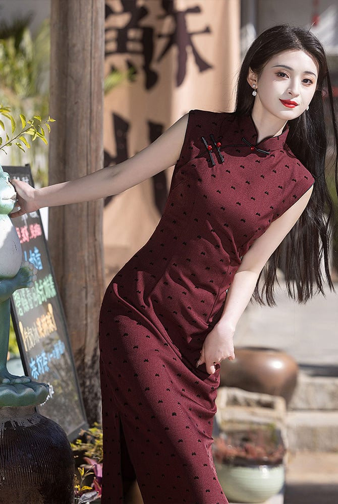 Beth and Brian Qipao-LSB Flocking fabric, polkadot pattern, red long Cheongsam