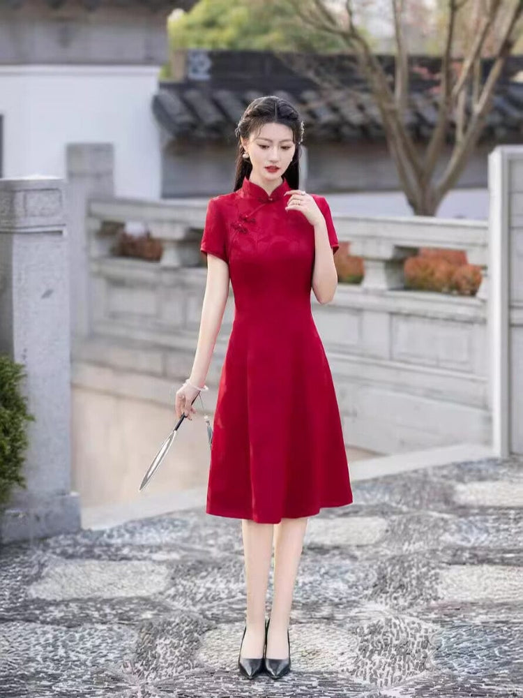 Beth and Brian Qipao-FS A-line, acetate jacquard midi plus size Cheongsam