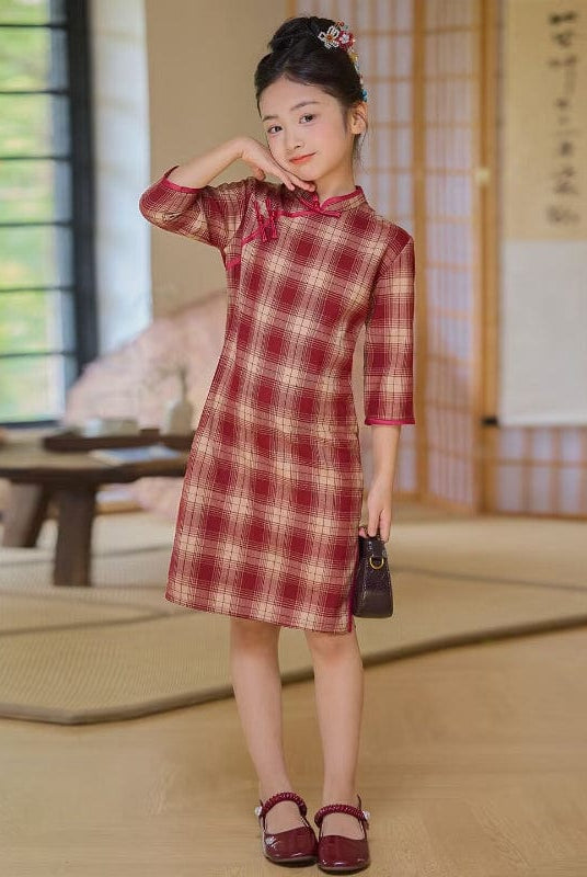 Beth and Brian Qipao-XYG Children Qipao dress, plaid pattern Qipao dress for little girls