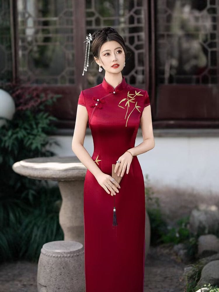 Beth and Brian Qipao-FS Bamboo leaf embroidery, acetate satin fabric long Cheongsam