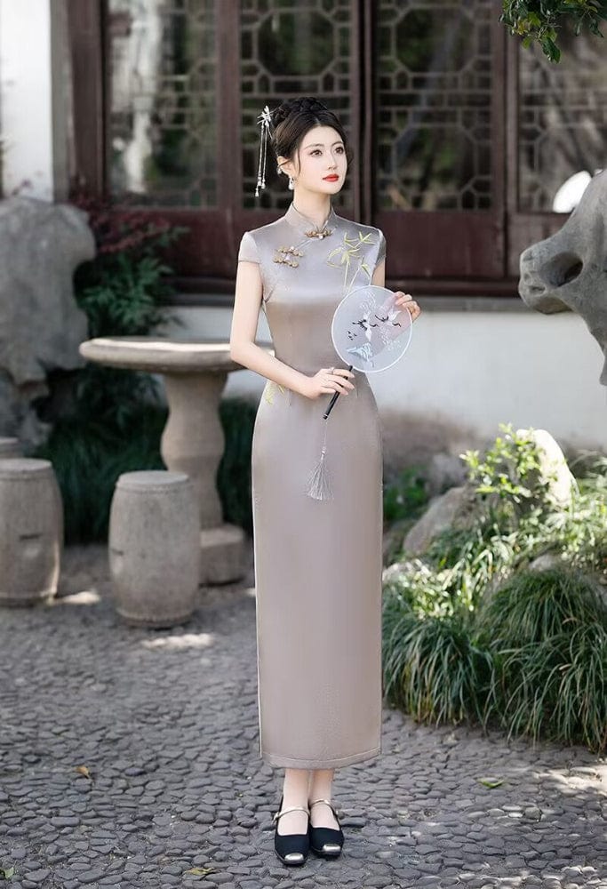 Beth and Brian Qipao-FS Bamboo leaf embroidery, acetate satin fabric long Cheongsam